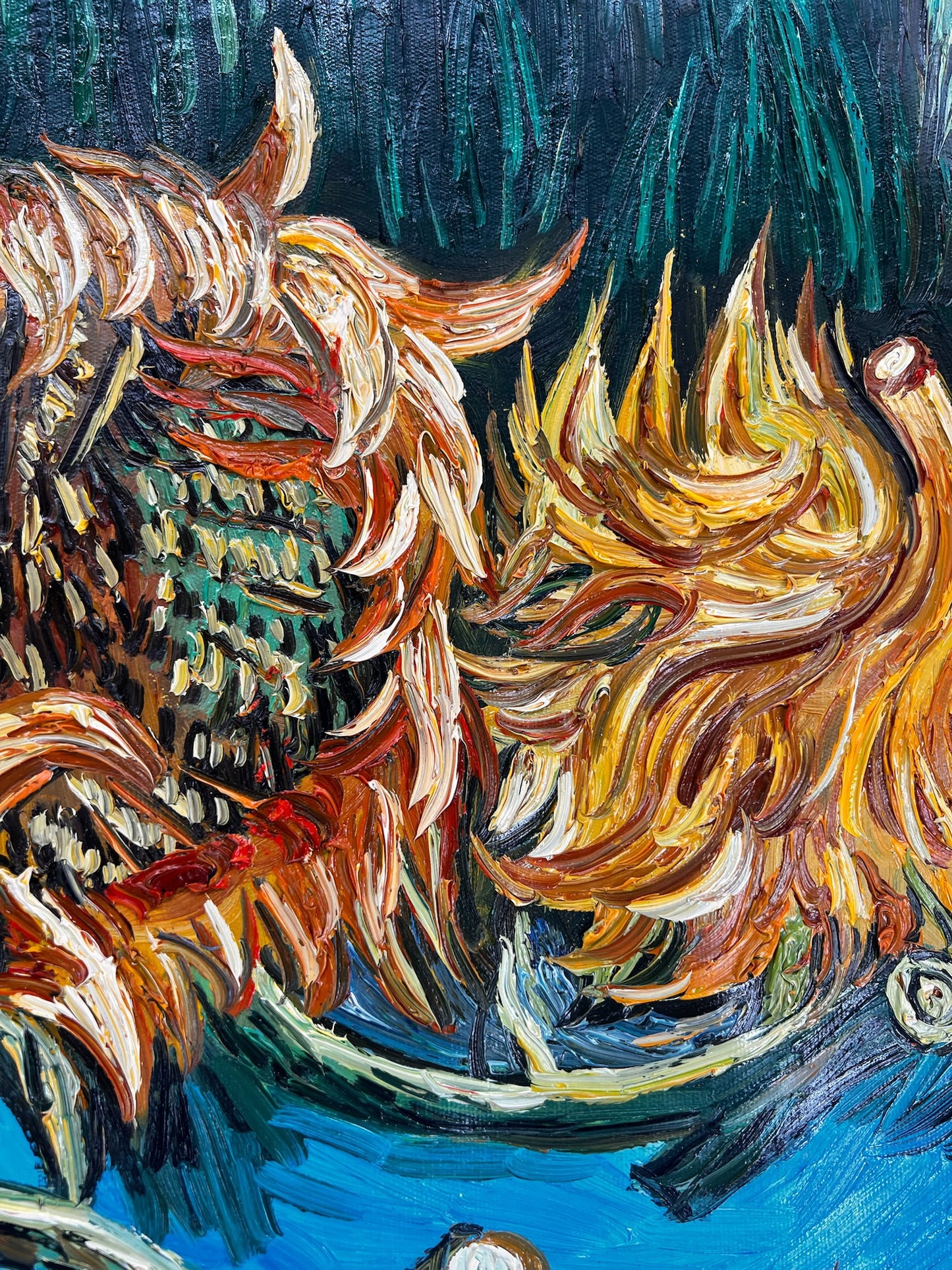 Stilleven met twee zonnebloemen – Handgeschilderd postimpressionistisch olieverfschilderij op canvas (43 × 24,5 cm)