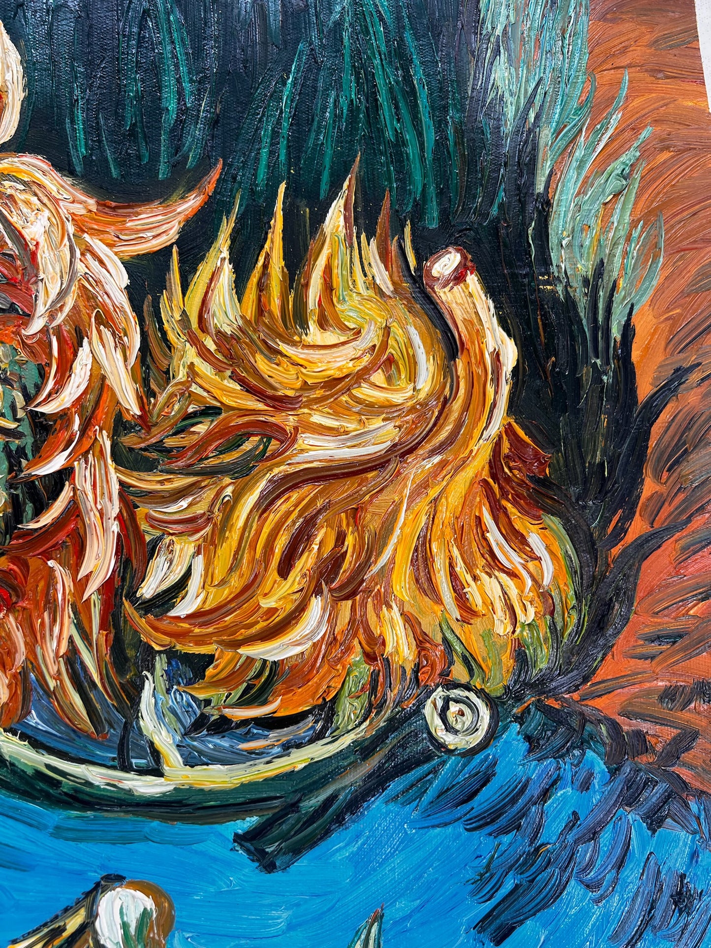 Stilleven met twee zonnebloemen – Handgeschilderd postimpressionistisch olieverfschilderij op canvas (43 × 24,5 cm)