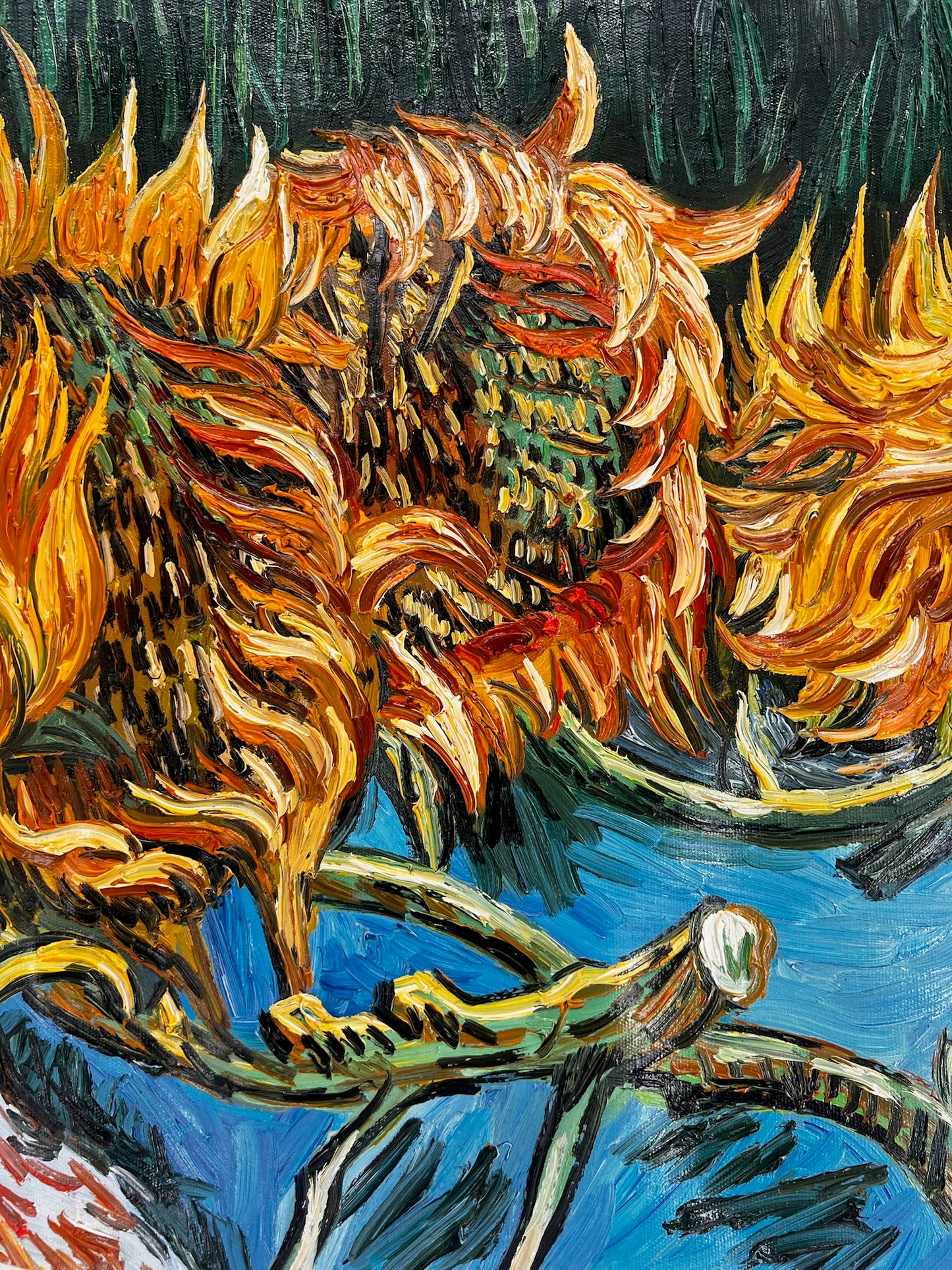Stilleven met twee zonnebloemen – Handgeschilderd postimpressionistisch olieverfschilderij op canvas (43 × 24,5 cm)