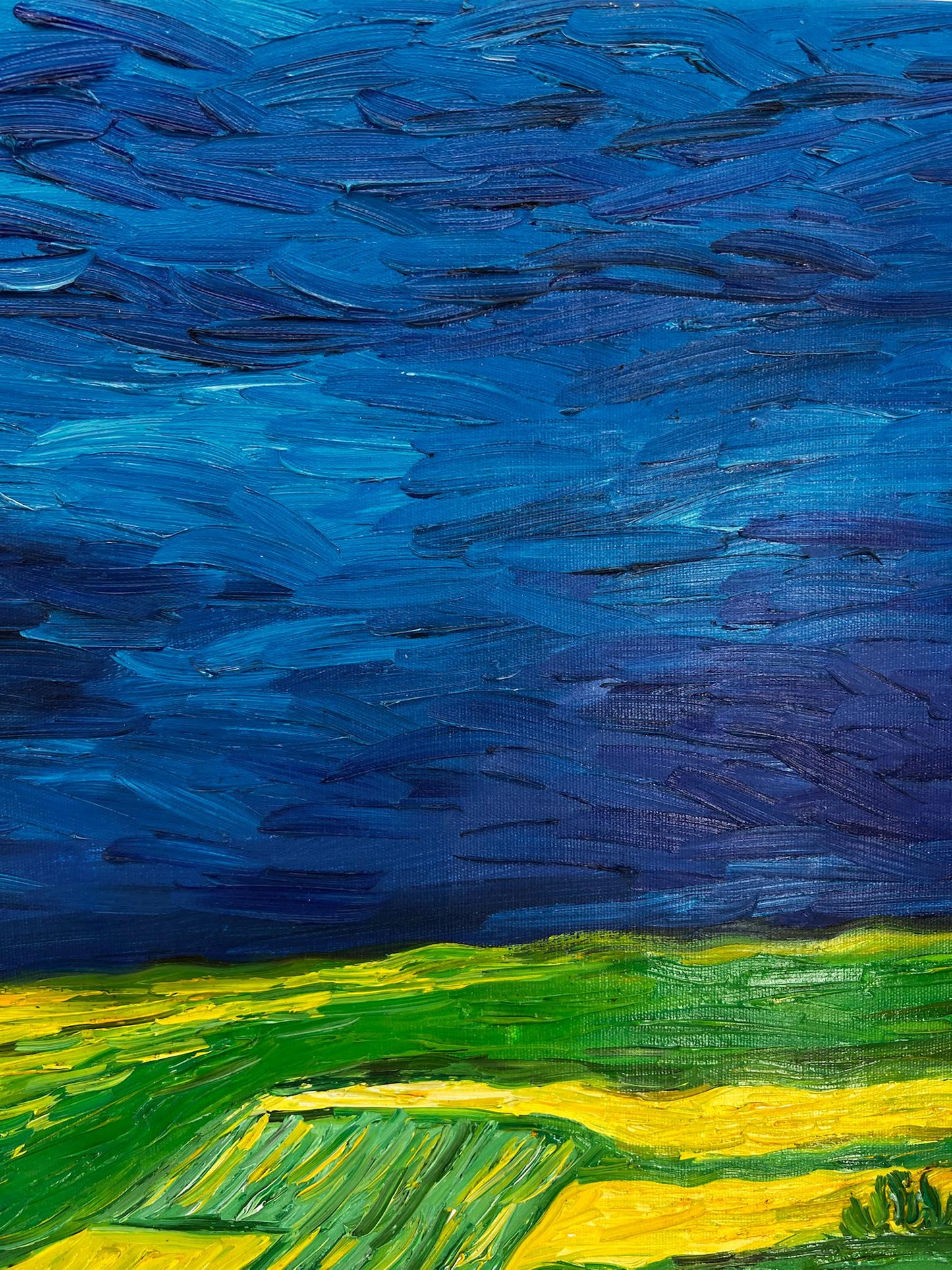 Handgeschilderd Van Gogh Korenveld onder dreigende luchten: post-impressionistisch olieverfschilderij