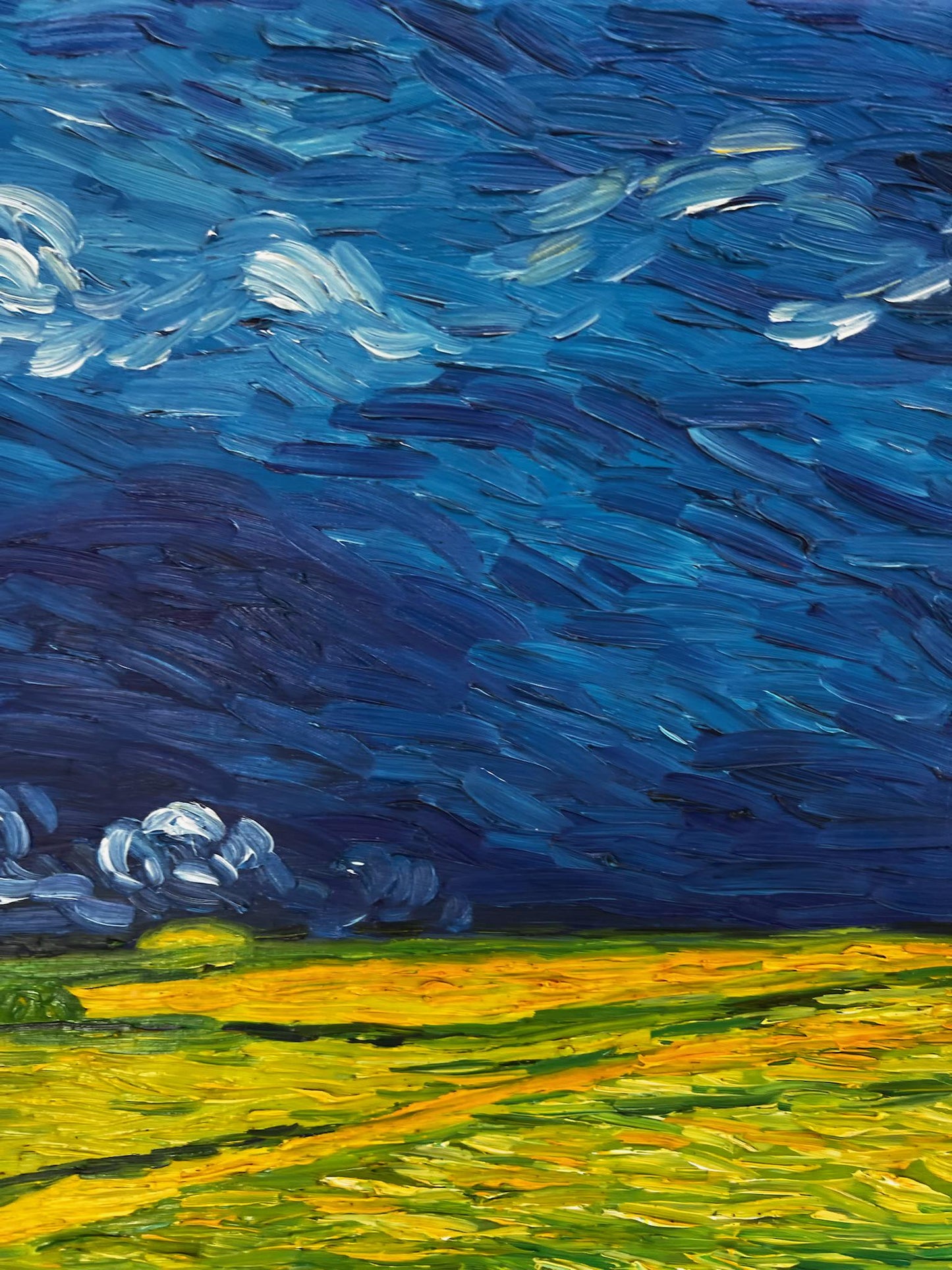 Handgeschilderd Van Gogh Korenveld onder dreigende luchten: post-impressionistisch olieverfschilderij