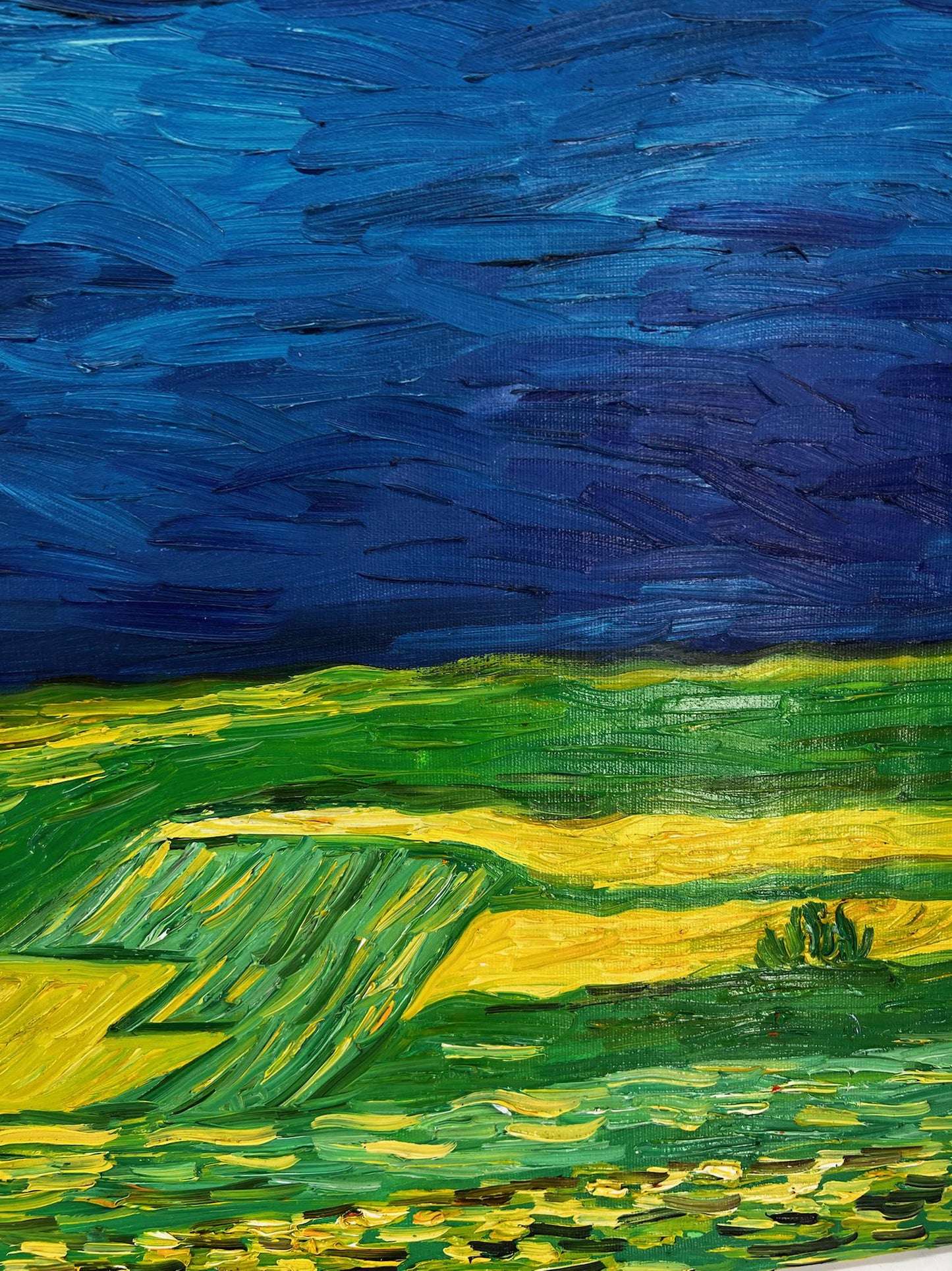 Handgeschilderd Van Gogh Korenveld onder dreigende luchten: post-impressionistisch olieverfschilderij