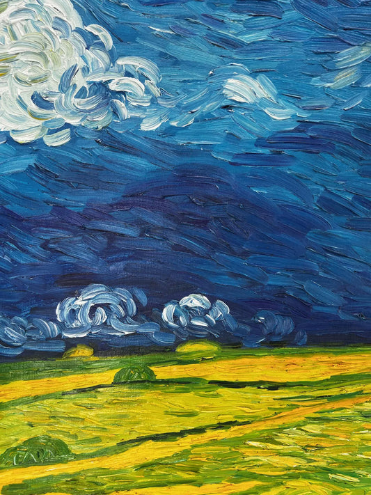 Handgeschilderd Van Gogh Korenveld onder dreigende luchten: post-impressionistisch olieverfschilderij